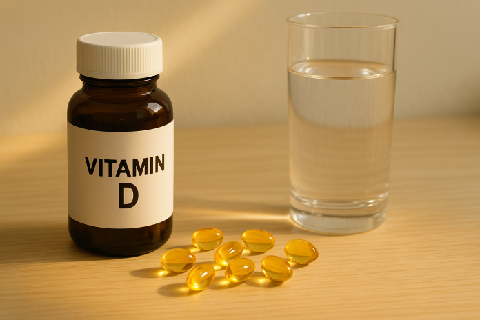 vitamina-d-beneficii-sanatate-800x450.jpg Capsule de vitamina D și flacon așezate pe masă în lumină naturală