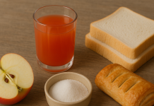 7 obiceiuri zilnice care pot ridica glicemia fără să îți dai seama Alimente și băuturi care pot crește glicemia, prezentate pe o masă de lemn.