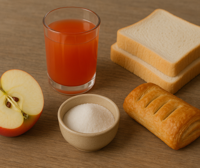 obiceiuri-care-cresc-glicemia.jpg Alimente și băuturi care pot crește glicemia, prezentate pe o masă de lemn.