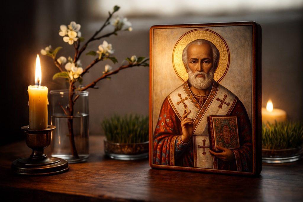 Icoană a Sfântului Nicolae cu lumânare aprinsă și crenguță de măr, simboluri ale Ajunului de Moș Nicolae.