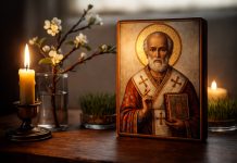 Rugăciunea de spus în Ajunul lui Moș Nicolae pentru protecție și liniște Icoană a Sfântului Nicolae cu lumânare aprinsă și crenguță de măr, simboluri ale Ajunului de Moș Nicolae.