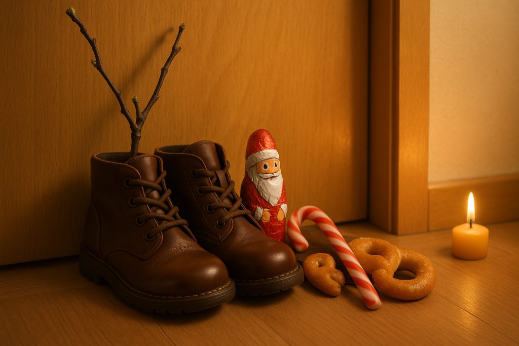 Ghetuțe lustruite pregătite pentru Moș Nicolae, cu dulciuri și nuielușă de măr alături.