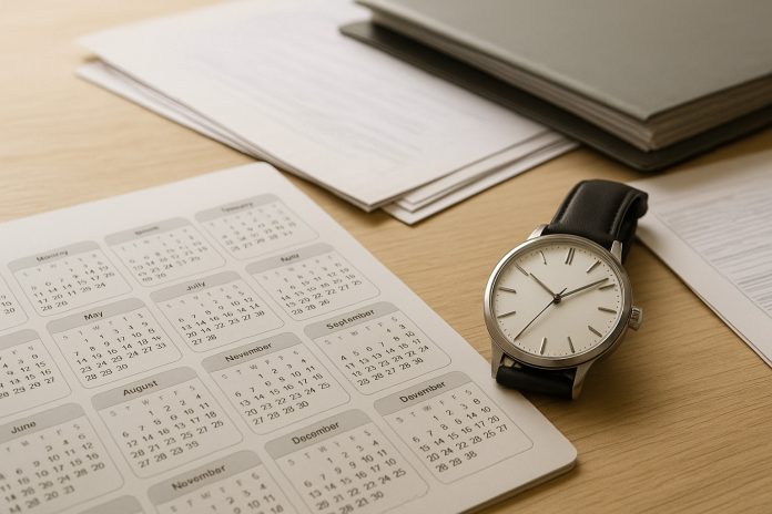 „Calendar și documente oficiale care ilustrează evoluția vârstei de pensionare până în anul 2030.”