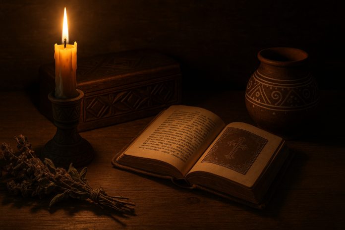 Simboluri tradiționale românești și obiecte vechi asociate cu credințele despre vrăji și protecție.