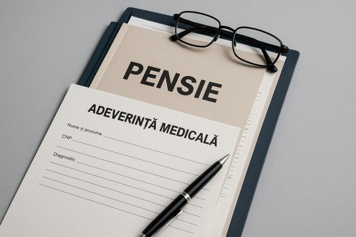 Acte de pensie și documente medicale pe un birou, ilustrând dreptul la indemnizația de însoțitor pentru pensionarii cu gradul I de invaliditate.