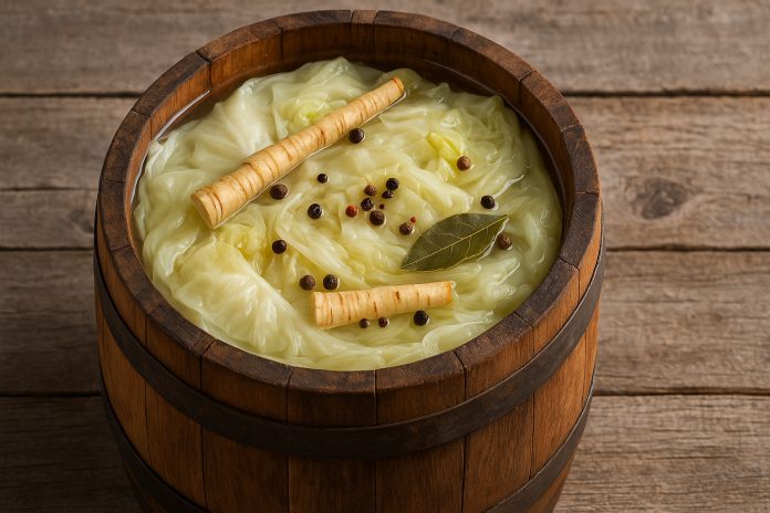 varza-murata-moare-limpede-800x450.jpg Butoi cu varză murată și saramură limpede, alături de hrean și ingrediente tradiționale folosite la murare.