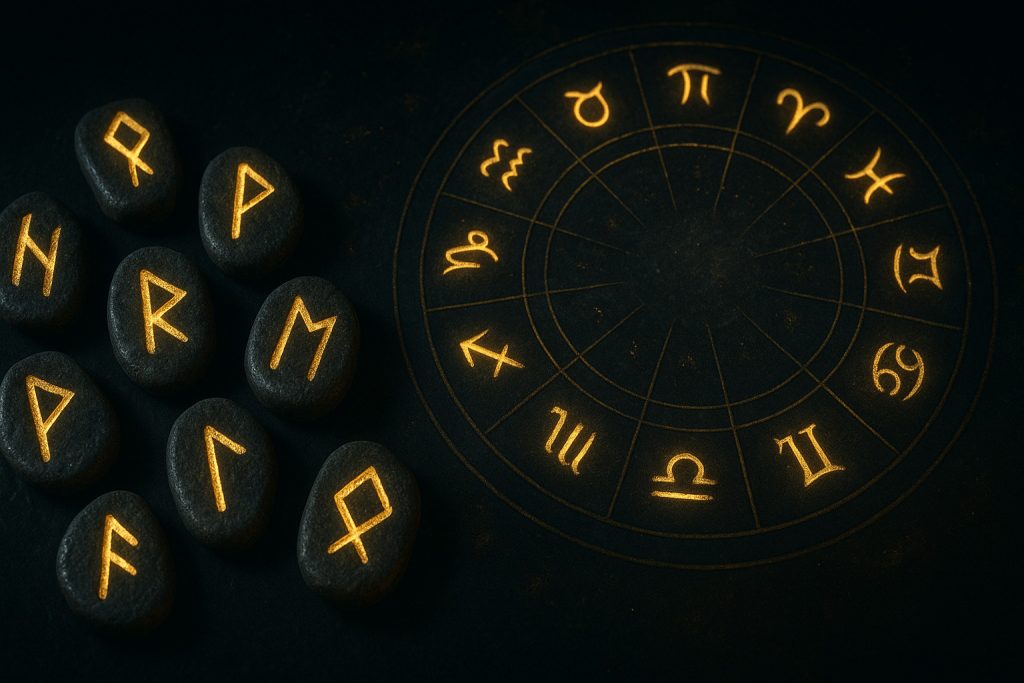 Simboluri runice și zodiacale pe o masă din lemn, ilustrând previziunile pentru iarna 2025–2026.