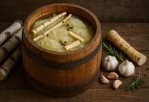 Ce se pune în butoiul cu varză ca să nu se acrească prea tare. Trucul vechi care o menține perfectă toată iarna Butoi cu varză murată și saramură clară, alături de lemn de mesteacăn și ingrediente tradiționale pentru păstrarea verzei.