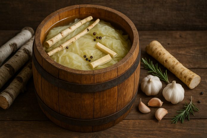 trucuri-varza-murata-perfecta-800x450.jpg Butoi cu varză murată și saramură clară, alături de lemn de mesteacăn și ingrediente tradiționale pentru păstrarea verzei.