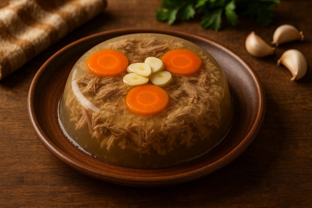 Farfurie cu piftie tradițională din porc, decorată cu morcov și usturoi, preparat specific sărbătorilor de iarnă.