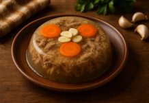 Piftia tradițională de sărbători: rețeta simplă și gustoasă pe care o folosesc gospodinele Farfurie cu piftie tradițională din porc, decorată cu morcov și usturoi, preparat specific sărbătorilor de iarnă.