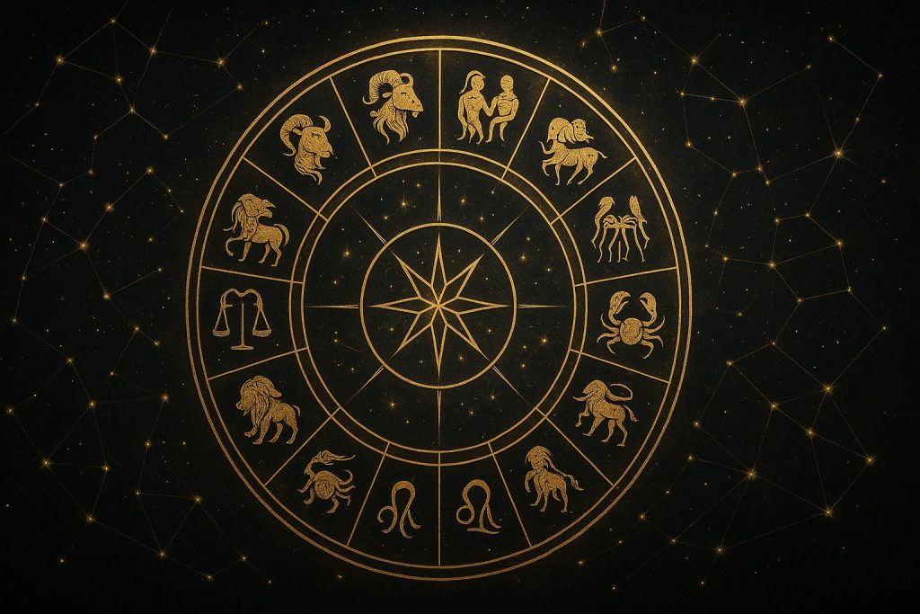 Simboluri zodiacale într-un cerc astrologic luminos, reprezentând previziunile pentru decembrie 2025.