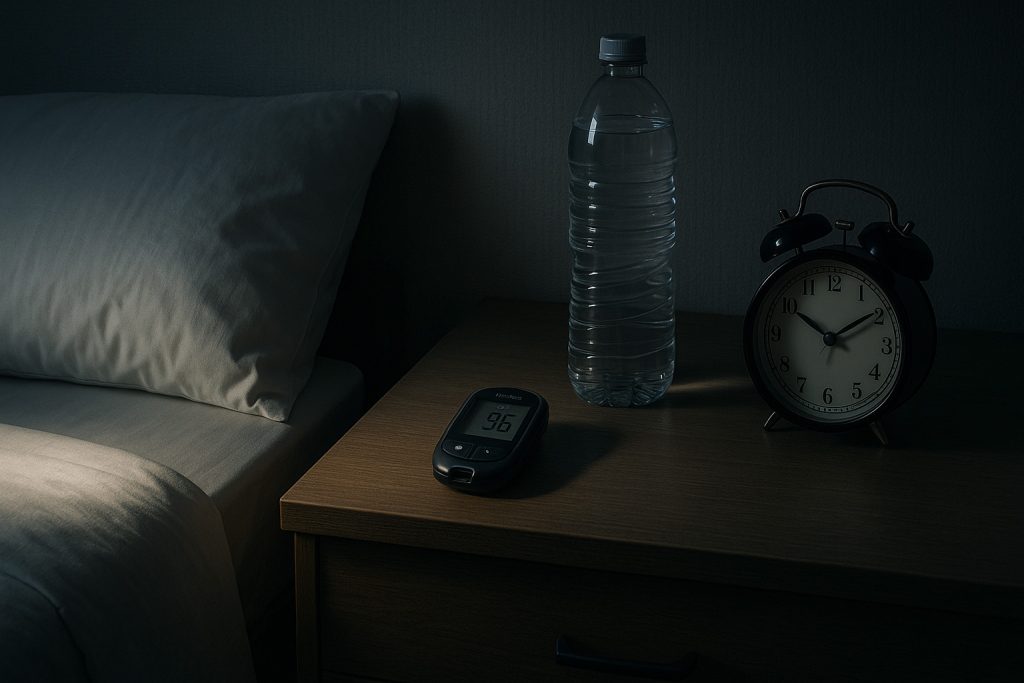 Simboluri medicale, glicometru și pat într-o lumină nocturnă, ilustrând semnele glicemiei crescute pe timpul nopții.