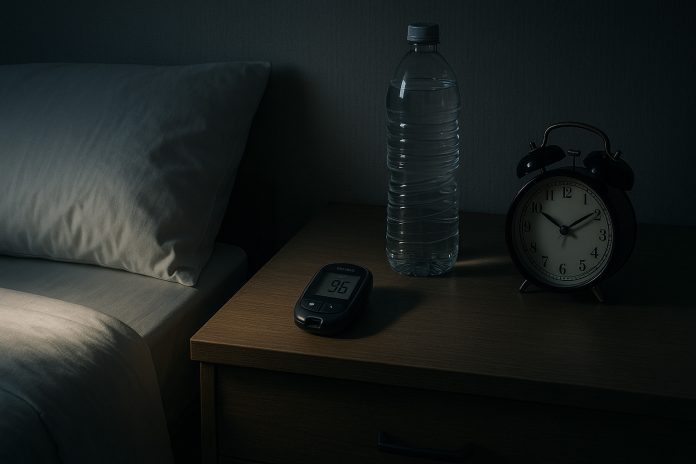 Simboluri medicale, glicometru și pat într-o lumină nocturnă, ilustrând semnele glicemiei crescute pe timpul nopții.
