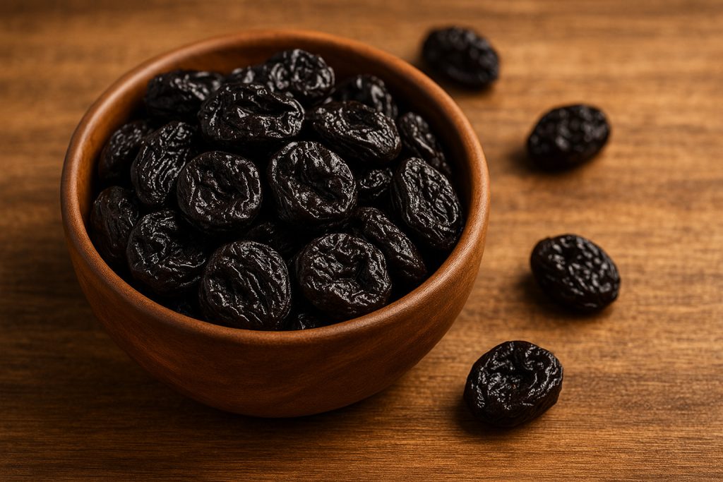 Bol cu prune uscate pe o masă din lemn, fotografiate în stil editorial culinar.