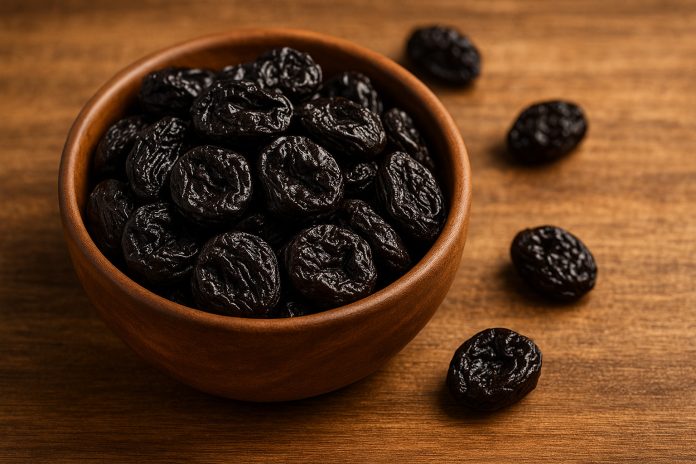 Bol cu prune uscate pe o masă din lemn, fotografiate în stil editorial culinar.