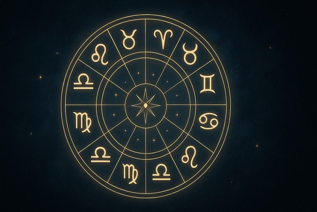 Ilustrație astrologică cu zodiacul circular și simboluri astrale pe fundal albastru închis.