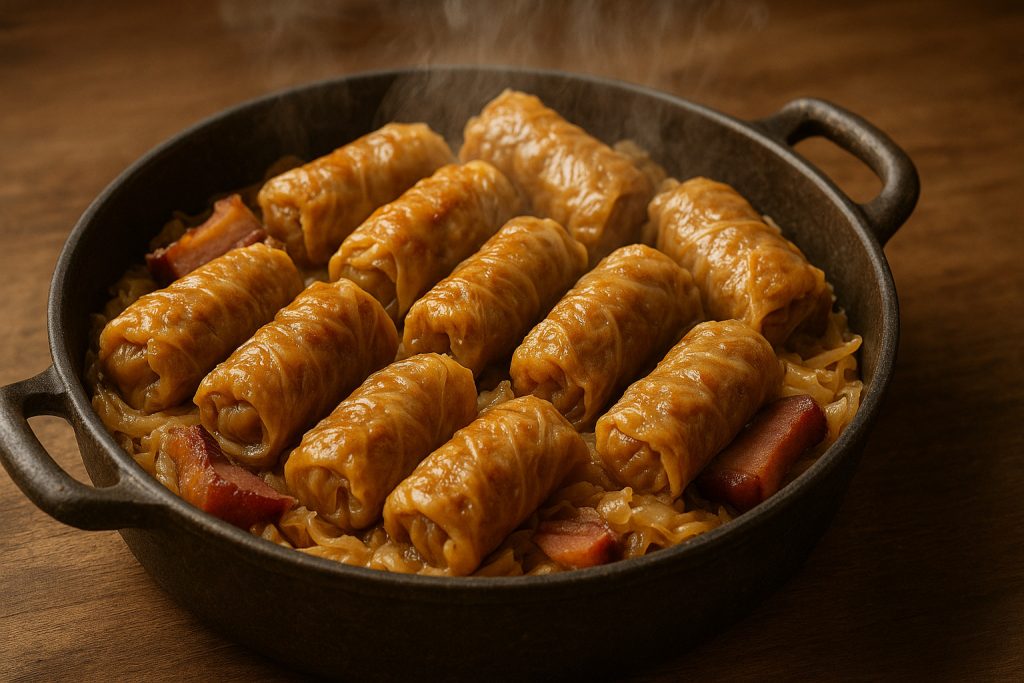 O tavă cu sarmale tradiționale rumenite, așezate pe varză și afumătură.