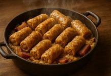 Sarmalele după rețeta lui Chef Cătălin Scărlătescu – cum se fac și cât trebuie să fiarbă O tavă cu sarmale tradiționale rumenite, așezate pe varză și afumătură.