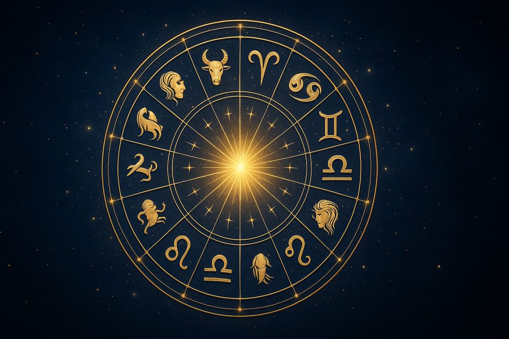 Zodiac circular luminos pe un fundal albastru, simbolizând previziunile astrologice pentru anul 2026
