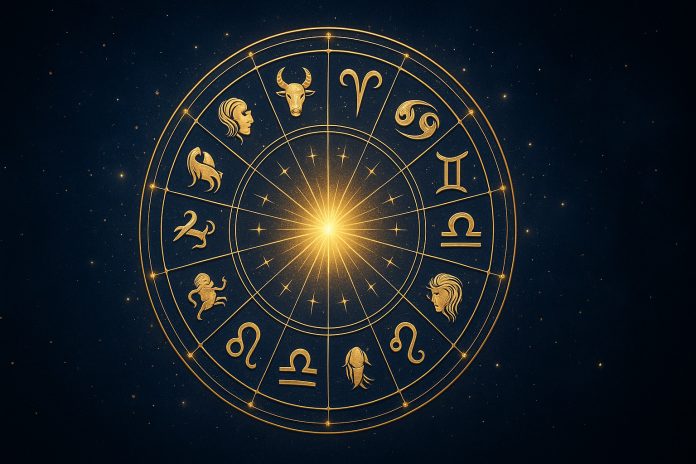 Zodiac circular luminos pe un fundal albastru, simbolizând previziunile astrologice pentru anul 2026