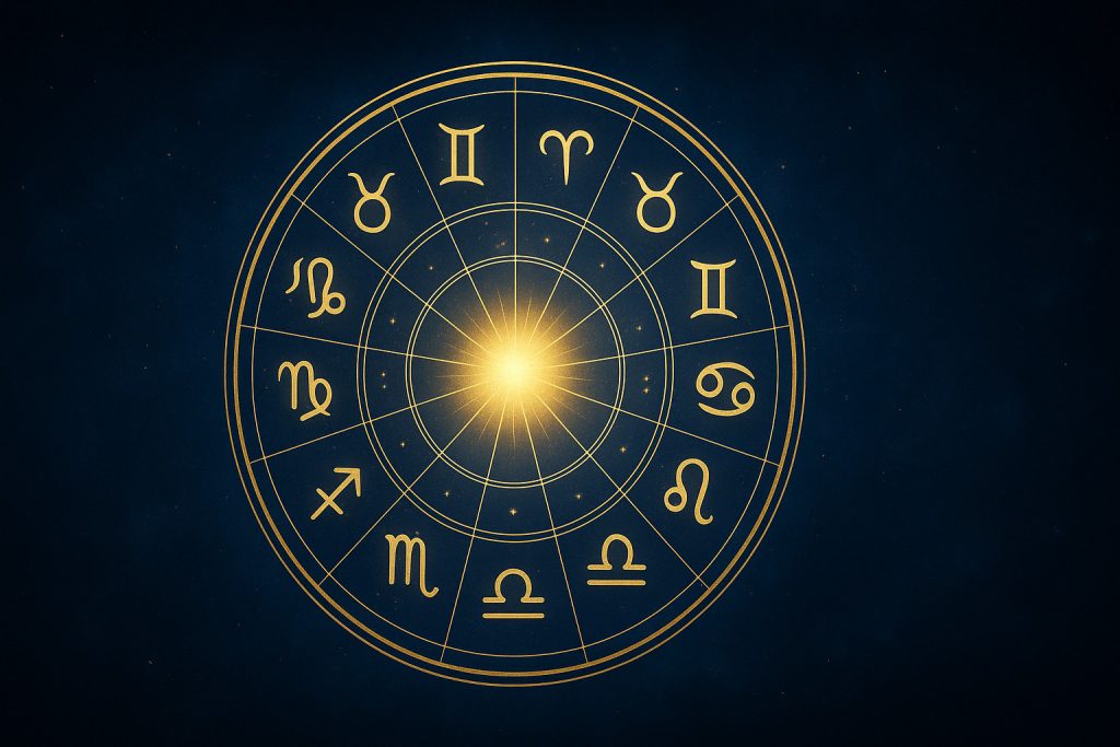Zodiac circular luminos pe fundal albastru închis, imagine pentru horoscopul până la Moș Nicolae