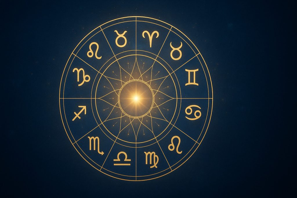 Zodiac luminos pe fundal albastru cu accente aurii, tematică astrologică pentru horoscopul lunii decembrie.