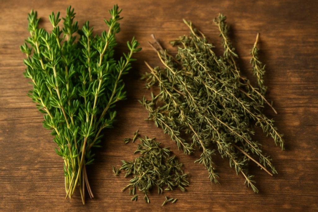 cimbru proaspăt și uscat pe masă de lemn, utilizat pentru reducerea durerilor reumatice