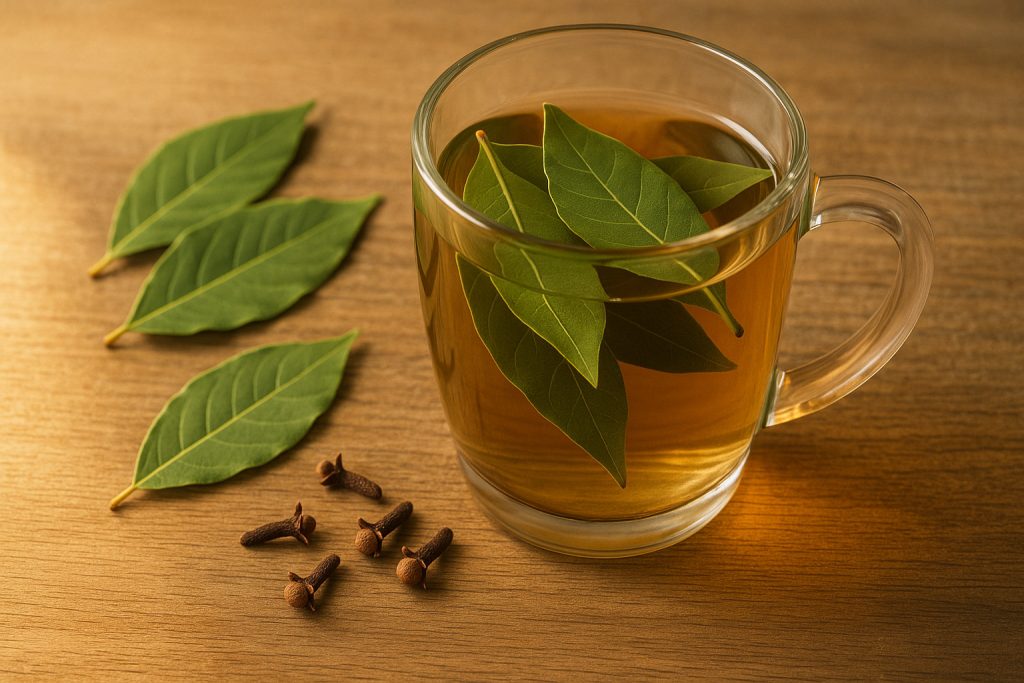 Infuzie caldă de dafin și cuișoare pe o masă rustică, utilizată ca remediu natural pentru durerile de spate și articulații.