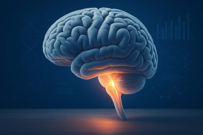 Ilustrație conceptuală a creierului uman cu elemente științifice, sugerând studii despre efectele neurologice ale COVID-19.