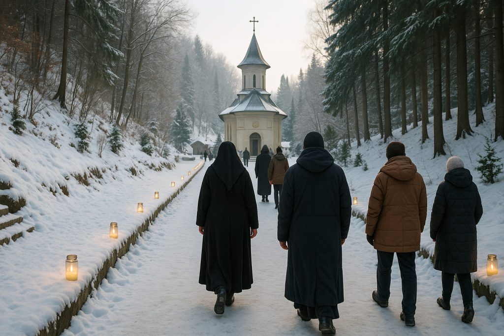 Aleea spre mormântul Părintelui Arsenie Boca la Mănăstirea Prislop, în dimineața rece de iarnă