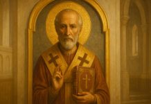 Sfântul Nicolae în iconografie tradițională, imagine luminoasă cu simboluri ale bunătății și protecției