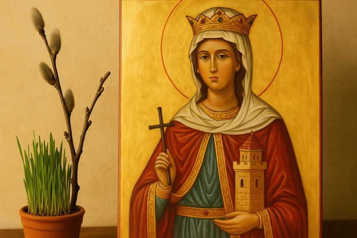 Icoana Sfintei Varvara și simboluri tradiționale de 4 decembrie – grâu încolțit și ramură de pom.