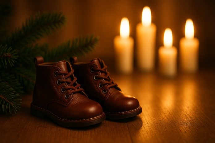 Mesaje și urări de Moș Nicolae 2025 – imagine festivă cu ghetuțe și decor de iarnă