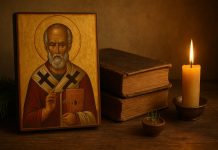 Cum a luat naștere legenda lui Moș Nicolae: povestea reală care a inspirat tradiția darurilor Ilustrație editorială cu Sfântul Nicolae în stil istoric, carte veche și atmosferă de iarnă — simbol al începutului legendei Moșului