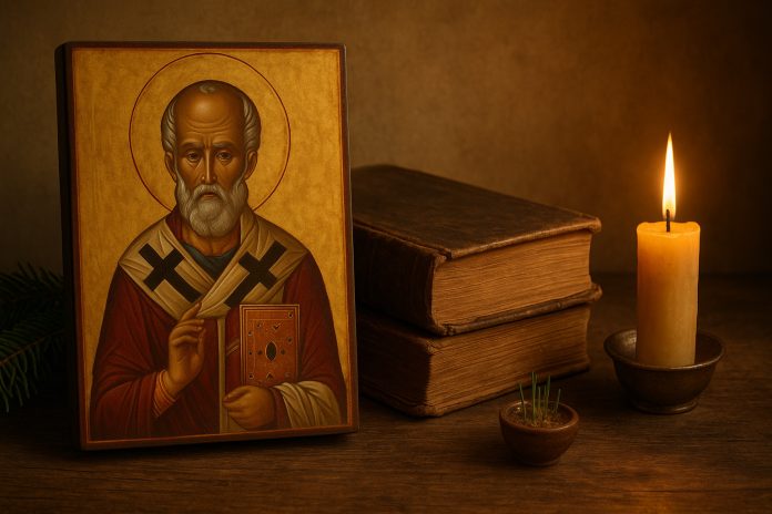 cum-a-inceput-legenda-lui-mos-nicolae-800x450.jpg Ilustrație editorială cu Sfântul Nicolae în stil istoric, carte veche și atmosferă de iarnă — simbol al începutului legendei Moșului