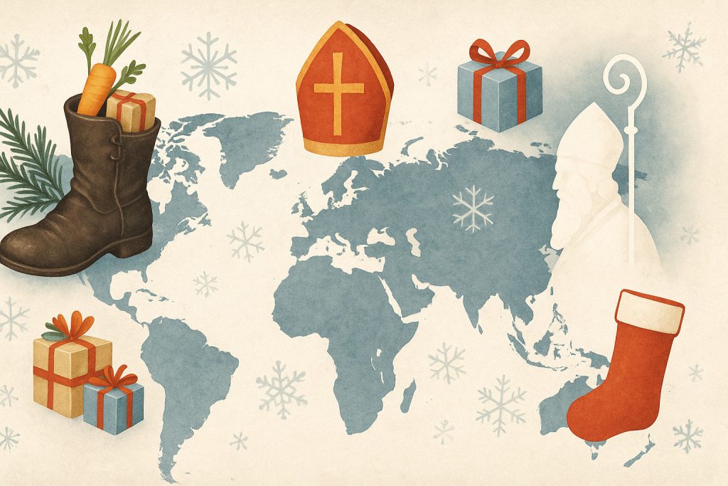 Ilustrație cu Moș Nicolae și tradițiile sale în diferite țări, prezentând obiceiuri internaționale și simboluri specifice sărbătorii