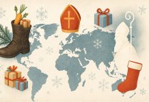 Cum este sărbătorit Moș Nicolae în lume: tradiții surprinzătoare din alte țări Ilustrație cu Moș Nicolae și tradițiile sale în diferite țări, prezentând obiceiuri internaționale și simboluri specifice sărbătorii