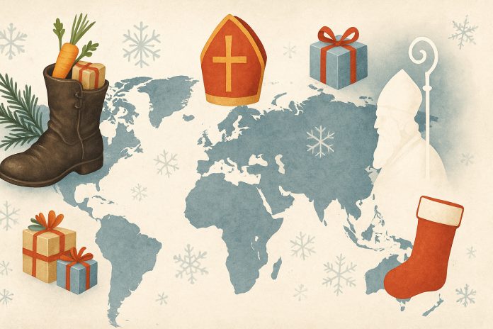 Ilustrație cu Moș Nicolae și tradițiile sale în diferite țări, prezentând obiceiuri internaționale și simboluri specifice sărbătorii