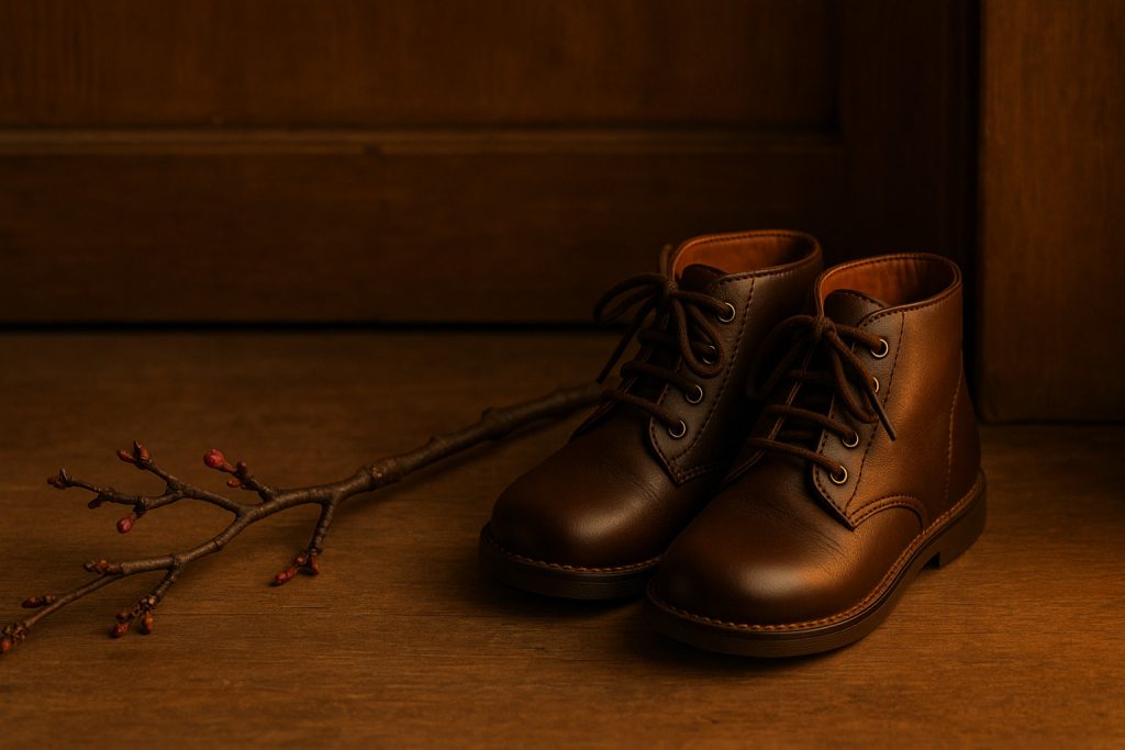 Nuielușă de măr și ghetuțe pregătite pentru Moș Nicolae, pe o masă din lemn.