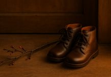 Semnificația nuielușei de Moș Nicolae – de ce se dă și ce simbolizează cu adevărat Nuielușă de măr și ghetuțe pregătite pentru Moș Nicolae, pe o masă din lemn.