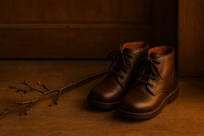 Nuielușă de măr și ghetuțe pregătite pentru Moș Nicolae, pe o masă din lemn.