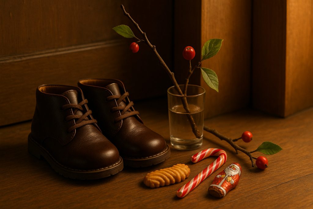 Ghetuțe curate și crenguță de măr pregătite pentru Moș Nicolae, într-o atmosferă caldă de Ajun.