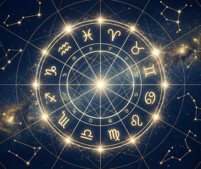 Cerc zodiacal luminos pe fundal albastru cu constelații, imagine tematică pentru horoscop.