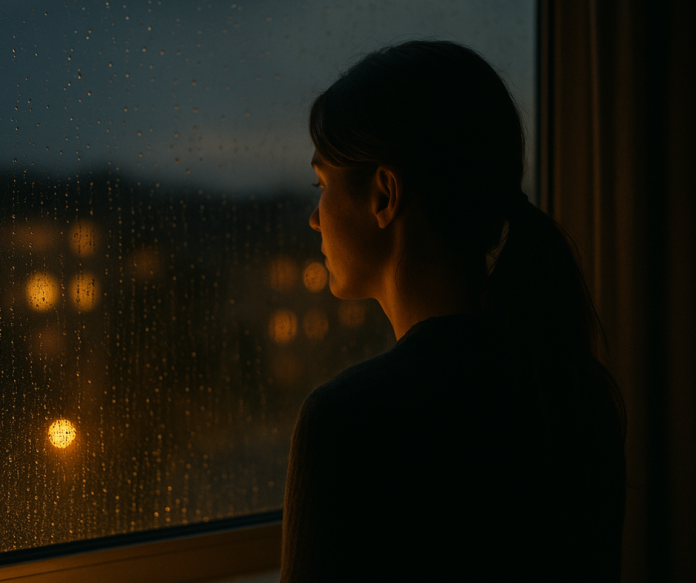 „Silueta unui român plecat în străinătate privind pe fereastră, ilustrând dorul de casă.”