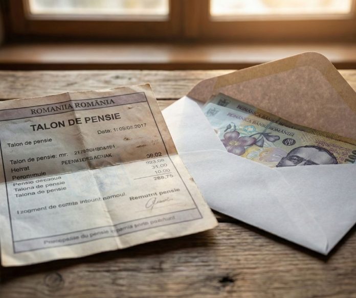 Talon de pensie și plic cu bani pe o masă, simbolizând plățile cumulate din decembrie.