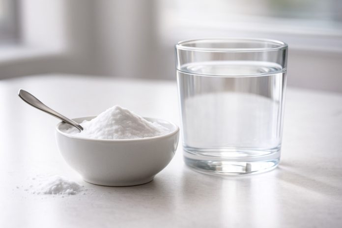 bicarbonat-infectie-urinara Bol cu bicarbonat de sodiu și pahar cu apă pe o masă luminoasă, utilizate ca remediu casnic pentru calmarea simptomelor infecției urinare.