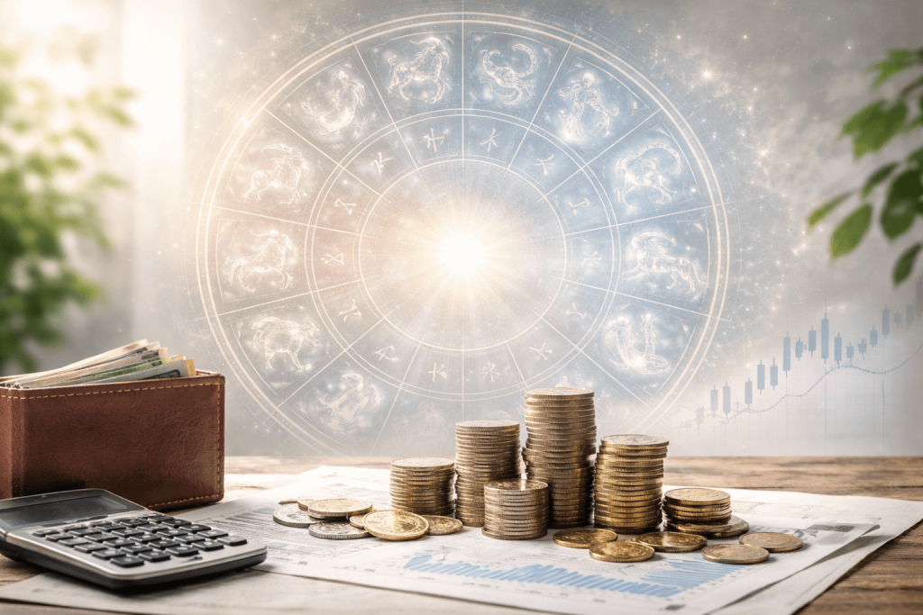 Greșeala financiară care poate afecta anul 2026, în funcție de zodie, reprezentată prin simboluri zodiacale și elemente financiare
