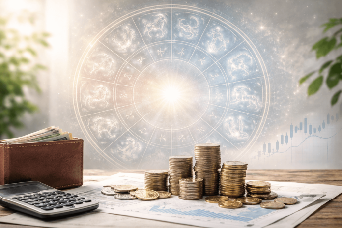 Greșeala financiară care poate afecta anul 2026, în funcție de zodie, reprezentată prin simboluri zodiacale și elemente financiare