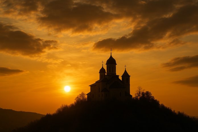 „Mănăstire în lumina apusului, imagine simbolică pentru învățăturile Părintelui Arsenie Boca.”